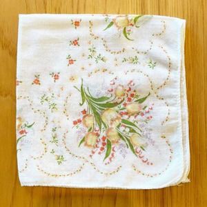 Vintage Handkerchief Hanky Printed Yellow Tulip Pink Flower Bouquet Cotton 11.5"